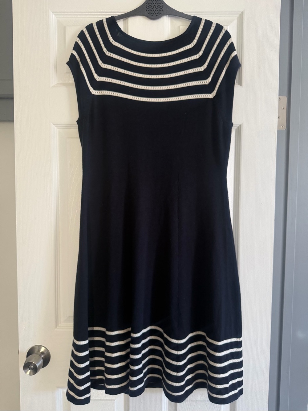 Eliza J Dress Size 12 Blue/Ivory Striped Fit & Flare Nautical Knit
